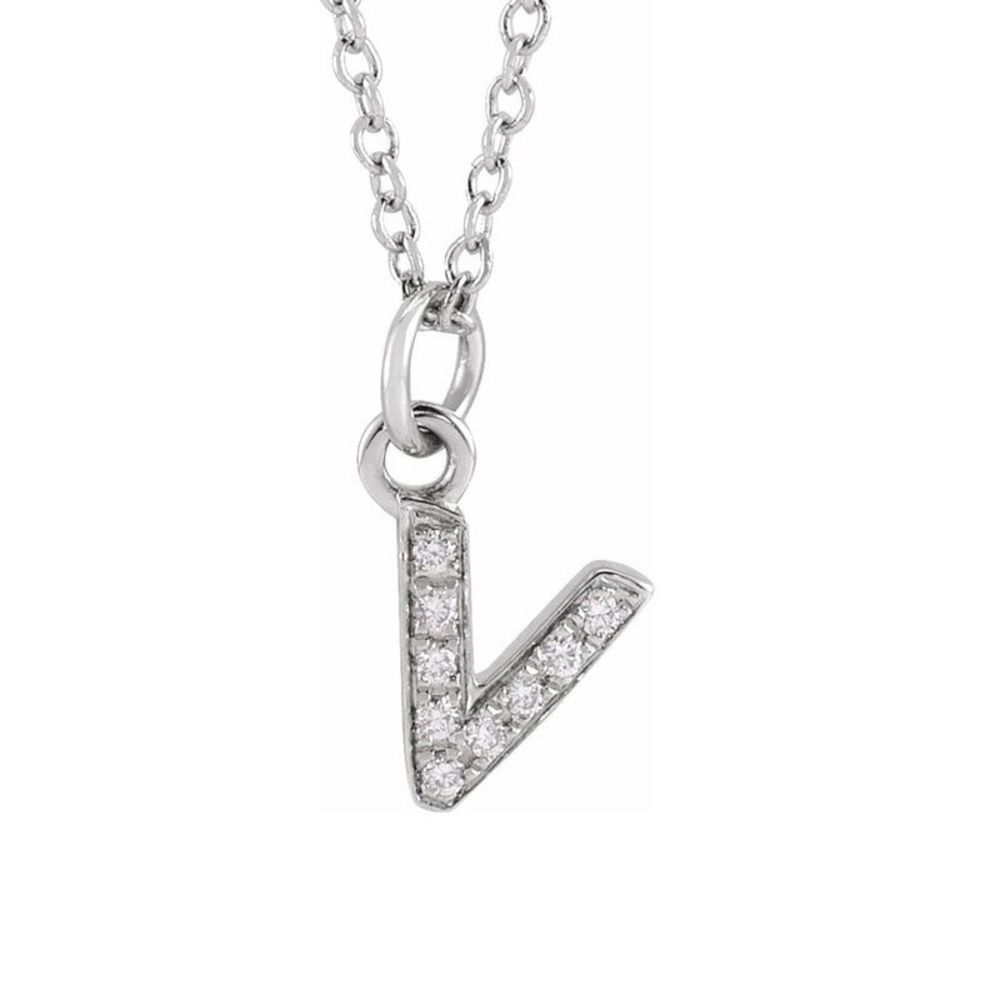 14K White Gold .03 CTW Diamond Tiny Initial V Necklace, 16-18 Inch